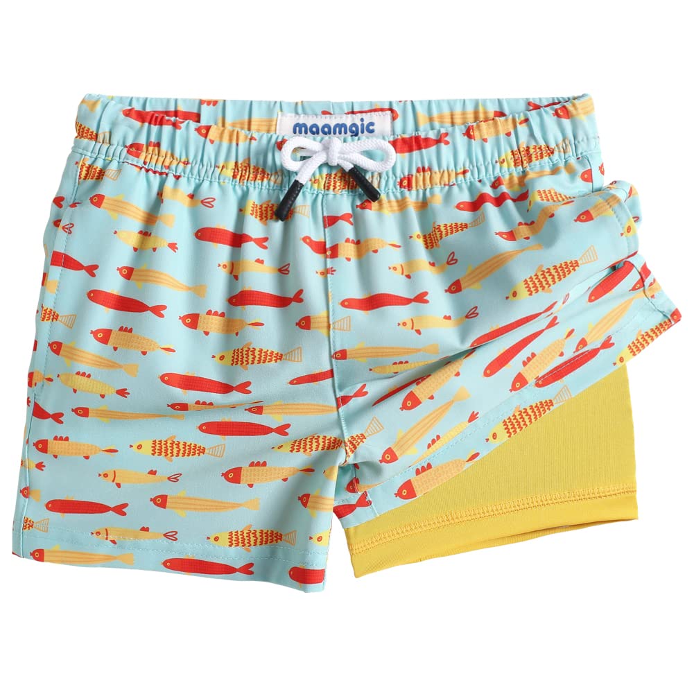 maamgic Boys Swim Trunks with Compression Liner Toddler Boy Swimsuit Quick Dry 4-Way Stretch Swimming Trunks Fishes Lake Green 10-12 Years