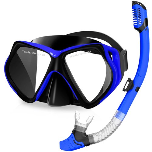 Snorkeling Gear for Adults Set & Dry Snorkel Set, 180° Panoramic Wide View Scuba Mask and Snorkel, Leak Proof Anti-Fog Swim Diving Mask for, Snorkeling, Swimming, Diving(Black Blue)