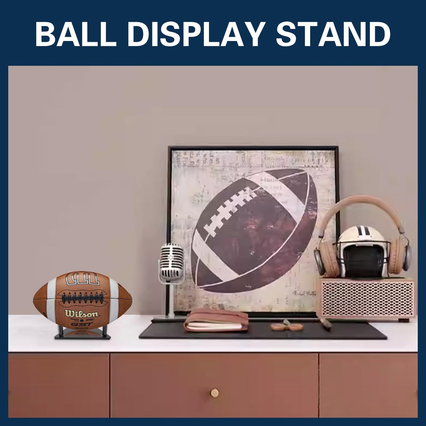 Frtrche Ball Display Stand with Anti-slip Mat, 1.3inch Pegs Acrylic Sleek Holder for Different Size Basketball, Soccer Ball, Football, Sturdy Memorabilia Display Case-Black