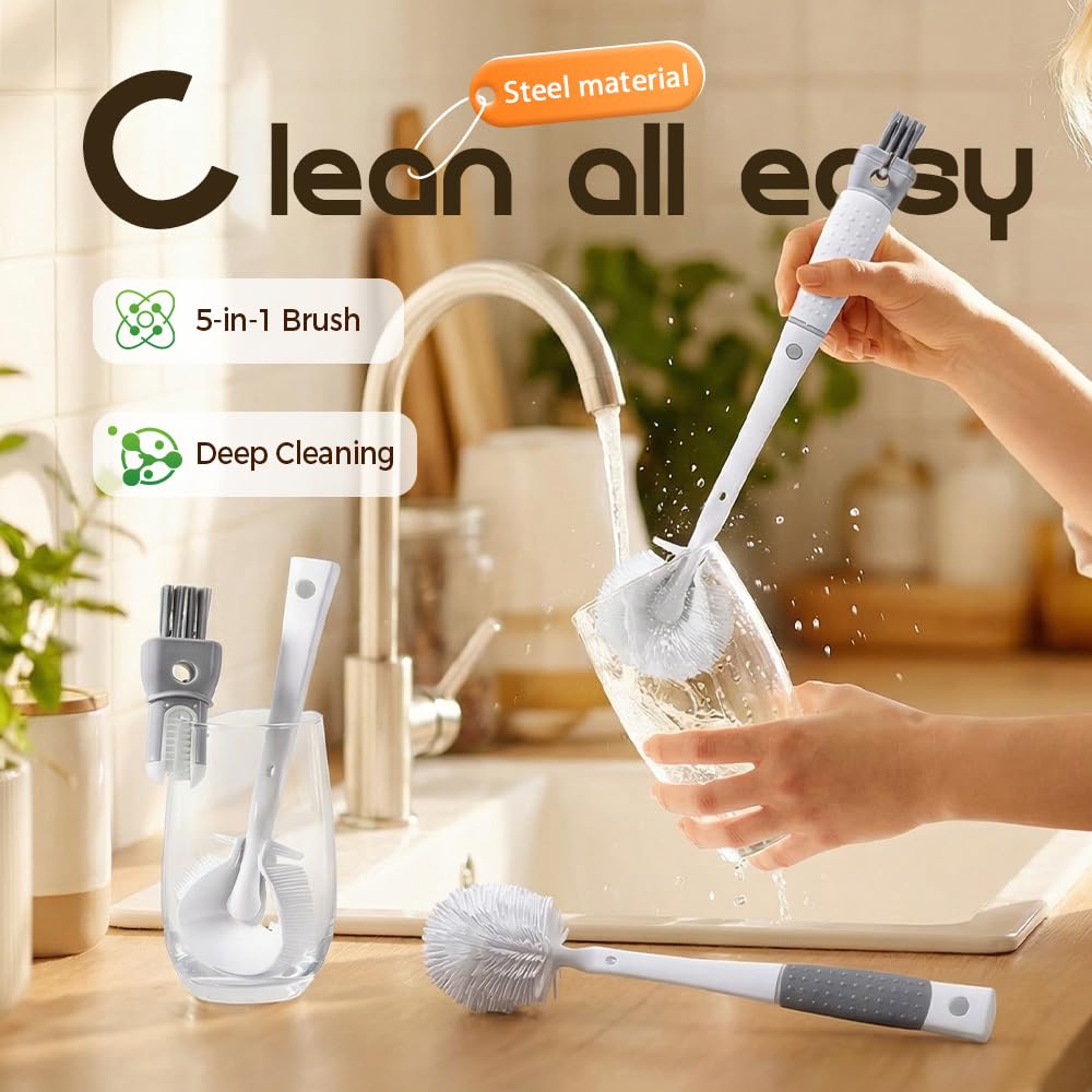 Water Bottle Cleaner Brush Compatible, 360° Flexible Silicone Bottle Brush with Long Handle,3 in 1 Brush Cleaner Kit for Narrow Neck Water Baby Bottles, Flasks Soft Bottle Brush (Grey, 1Pcs)