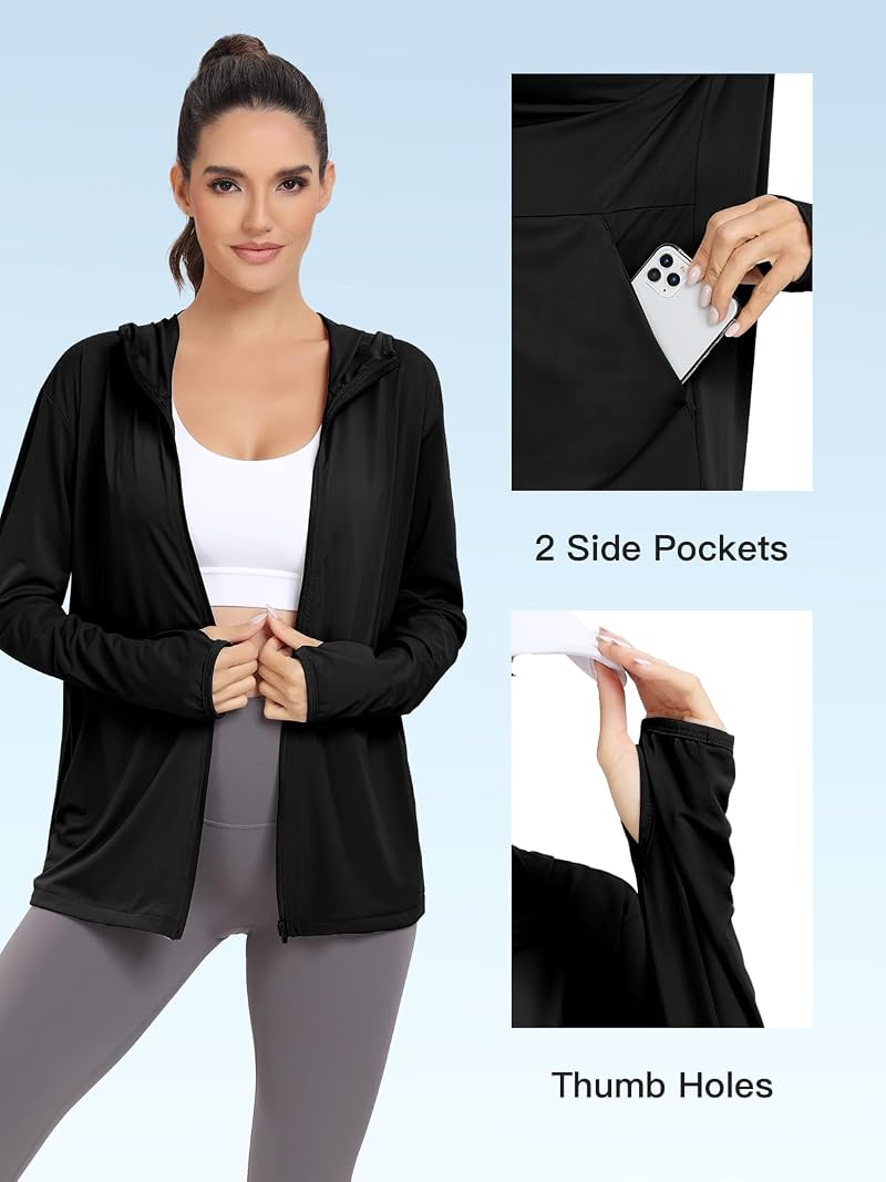 Womens UPF 50+ Sun Protection Hoodie Jacket Long Sleeve Sun Shirt - Hood Black Large