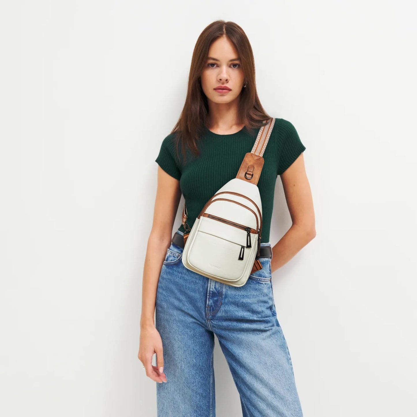 Leresas 7L Sling Bag for Women Crossbody Bags Sling Purse Backpack Cross Body Purse Fanny Pack Trendy Vegan Leather Beige