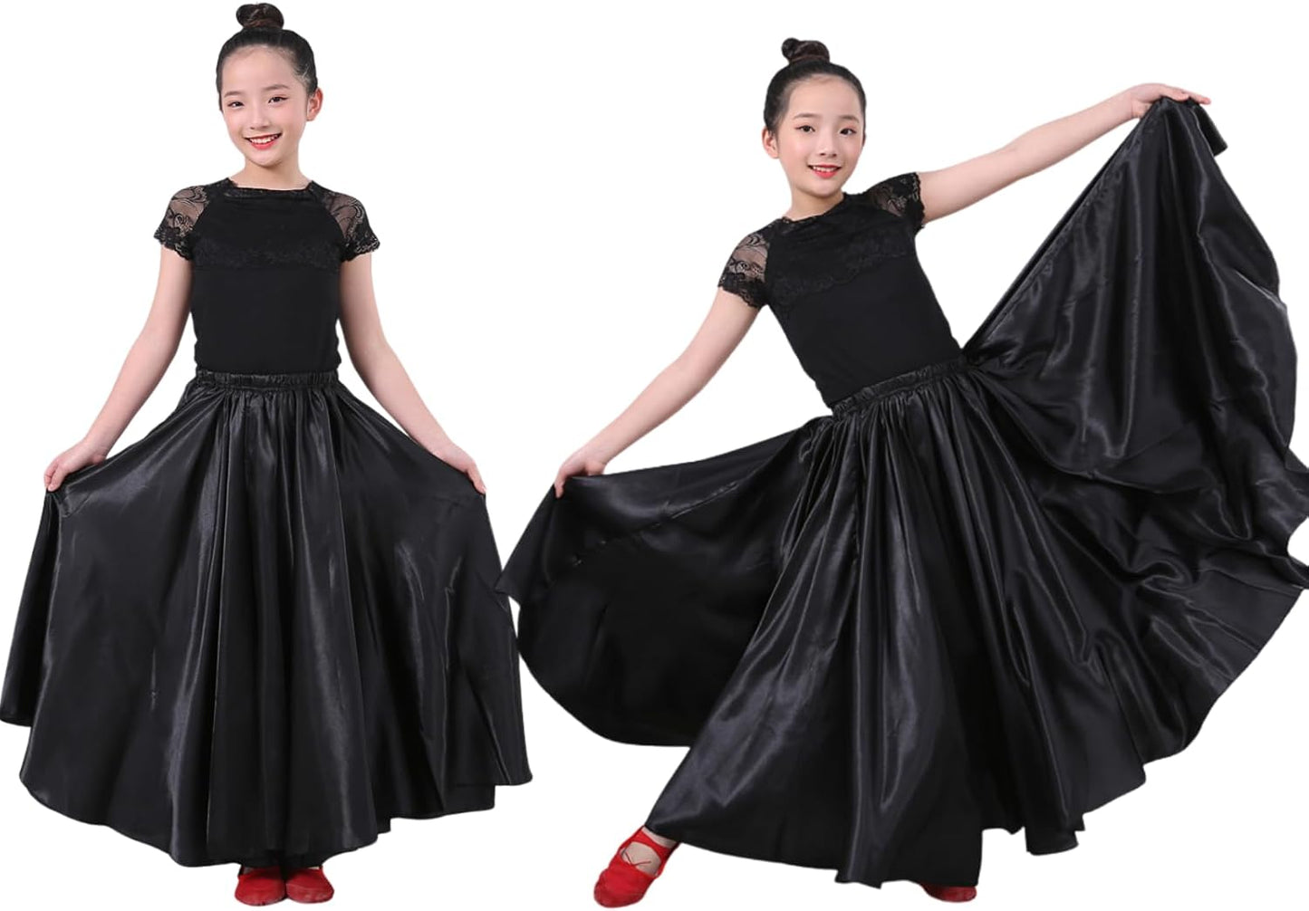 2 Pcs Long Satin Skirt for Girls Full Dancing Circle Skirt for Kids 8-12 Years