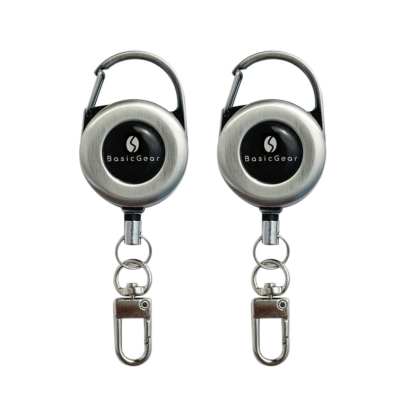 BasicGear Zinger Retractable Keychain 2 Pack – Brushed Metal with 24" Cord, Heavy Duty Badge Reel for Fishing & Outdoors
