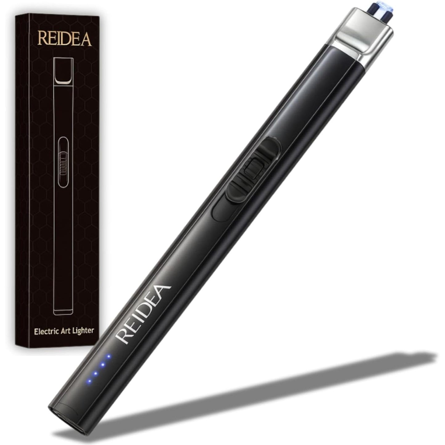 REIDEA Electric Lighter Gift for Candle Lovers, Windproof Flameless USB Rechargeable Arc Retractable Lighter with Safe Button and Power Indicator for Candle, BBQ and Fireworks, R1 Flat, Obsidian Black