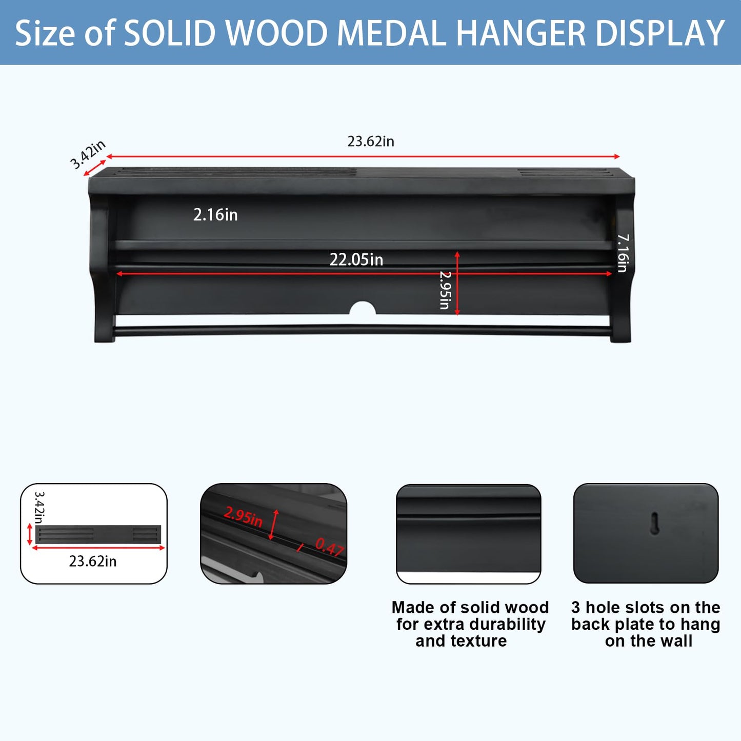 IHEIPYE Solid Wood Medal Hanger Display Shelf, Wall Mount Medal Rack Display Holder for Runners, Marathon, Race Winner, Soccer, Football, Gymnastics & All Sports - Black