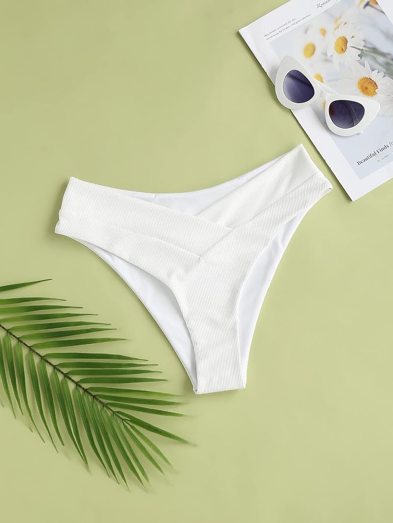 SherryDC Women’s V Cut High Waisted Bikini Bottoms - White, Medium