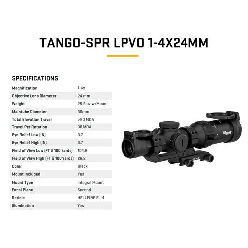 SIG SAUER Tango-SPR LPVO 1-4x24mm 30mm Tube Second Focal Plane/SFP/F2 Shockproof Waterproof Fogproof Tactical Scope| Hellfire Illuminated FL-4 Reticle, Flip-Back Caps Included, SOTS41000