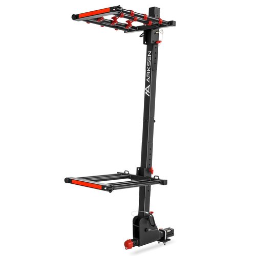 Arksen Folding Hitch-Mounted Ski/Snowboard Rack, Snowboard Mount Carries 6 Pair Skis or 4 Snowboards Fits 2" or 1.25" Receivers, Trailer Hitch Ski Rack with Key Lock, Security Strap, Tilt Access