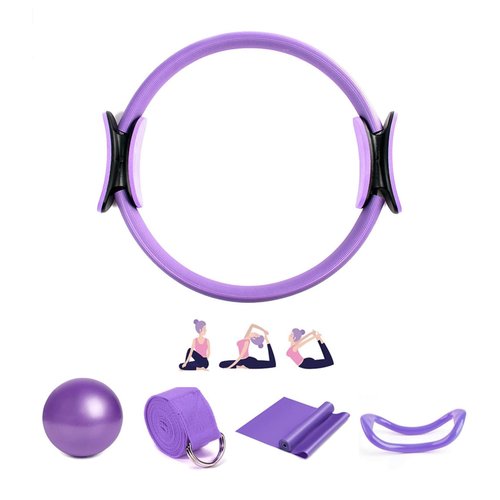 Pilates Essential Kit – 5-in-1 Home Workout Set with Resistance Bands, Yoga Ring, Stretch Straps, Pull Bands & Ball for Toning & Flexibility (Purple)