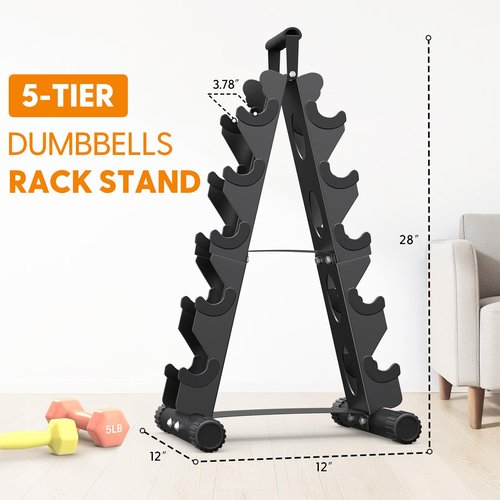AmazeFan 5 Tier Dumbbell Rack Stand Only, A-Frame Design Weight Rack with Handle, Weights Metal Strength Training Dumbbells Storage Rack for Home Gym Space Saver (Dumbells not Included) ﻿