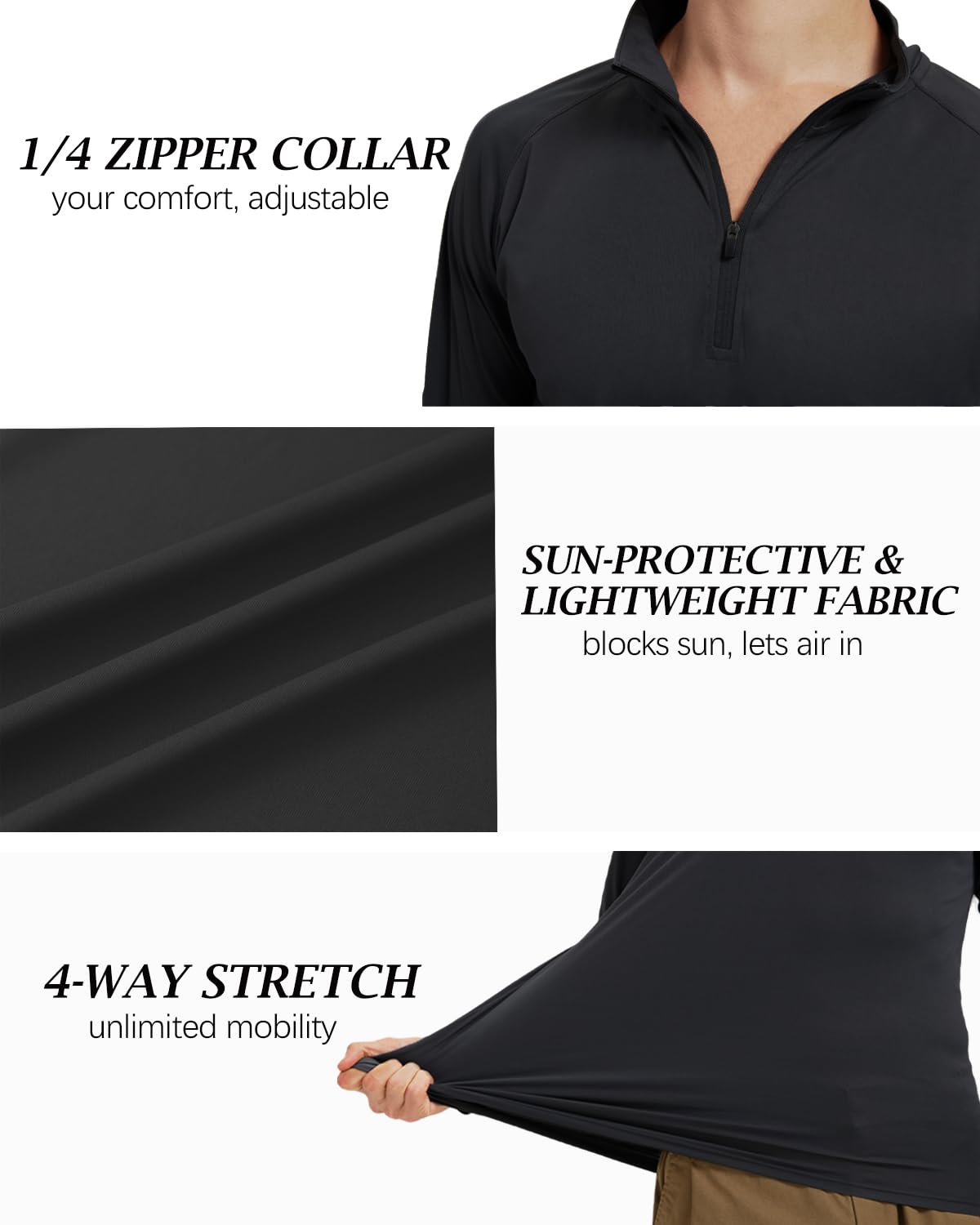 GYMELITE 3Pack Men's Long Sleeve Sweatshirts Quarter Zip Shirts Athletic Pullover Quick Dry Tops for Running Workout Golf Gym(BKBKBK L) Black