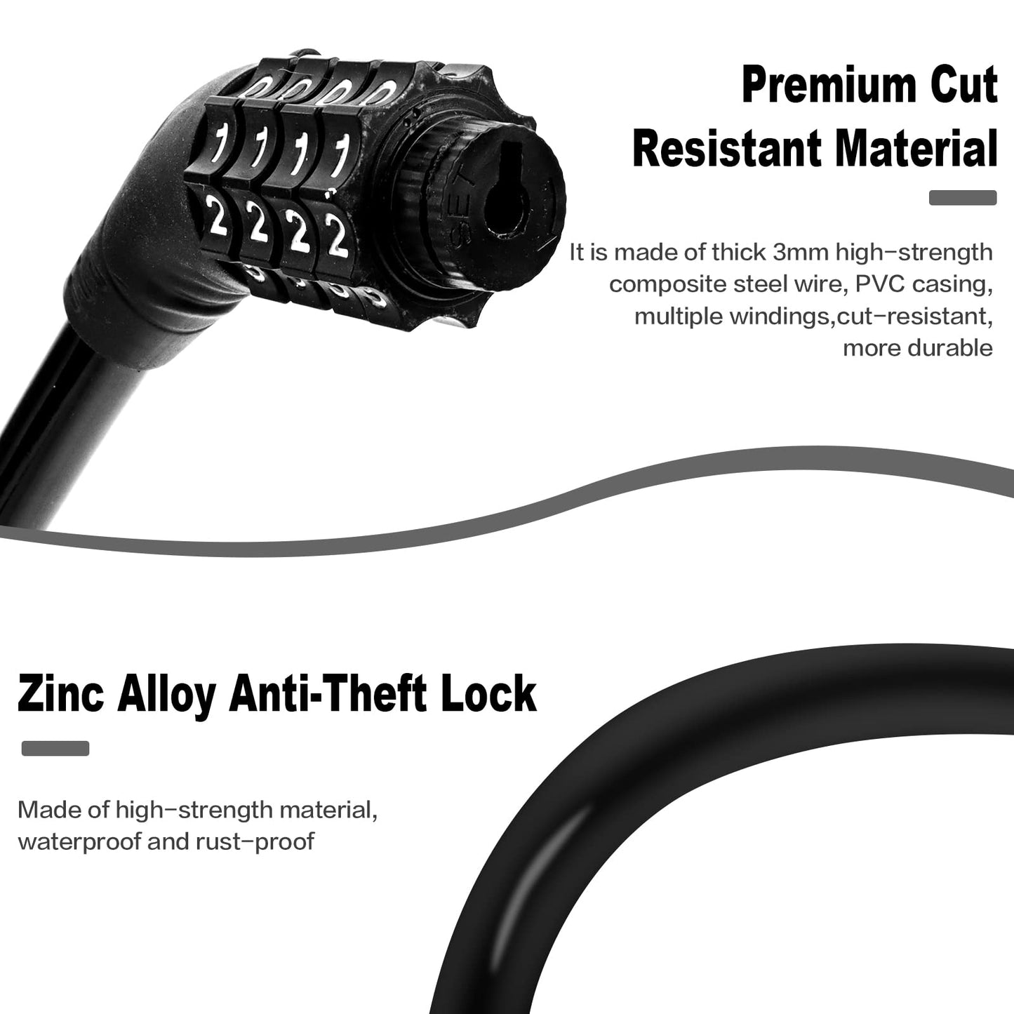 Bike Lock Cable, Bike Locks Heavy Duty Anti Theft, Combination Cable Lock for Outdoor Equipment, Black 1Ps
