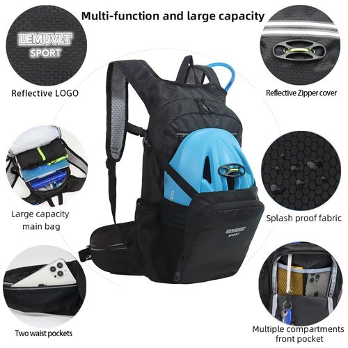 Lemuvlt Hiking Daypack 15L Capacity Waterproof Biking Backpack, Many Compartments Lightweight & Durable- Ideal Backpack for Skiing Skating Snowboarding Hiking Running MTB Cycling(Black)