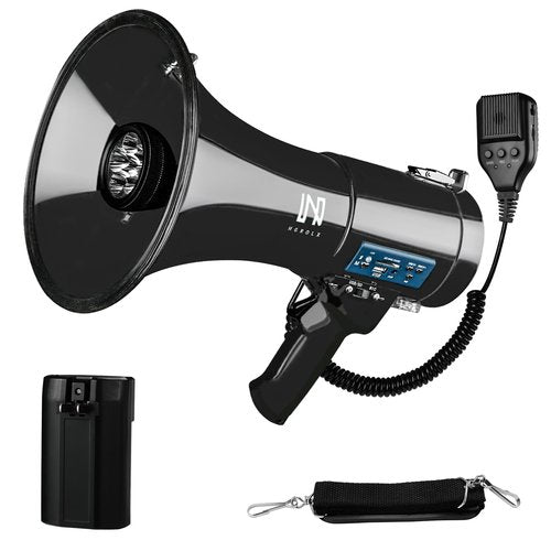 MGROLX 50w Megaphone with LED, Siren Alarm, 240s Recording & USB/3.5mm AUX/Bluetooth Input - Rechargeable Battery, for Police, Cheerleading, Outdoor(Black)