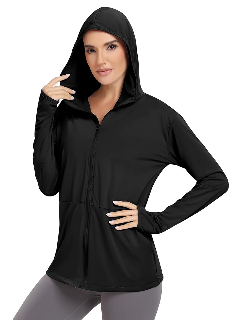 Womens UPF 50+ Sun Protection Hoodie Jacket Long Sleeve Sun Shirt - Hood Black Large