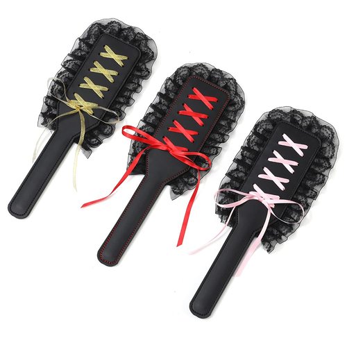 WOMLIGERI Leather Lace Horse Riding Crop Faux Leather Paddle 13'' Horse Training Paddle Ribbon Lace Decorated for Sports Training (Pink)