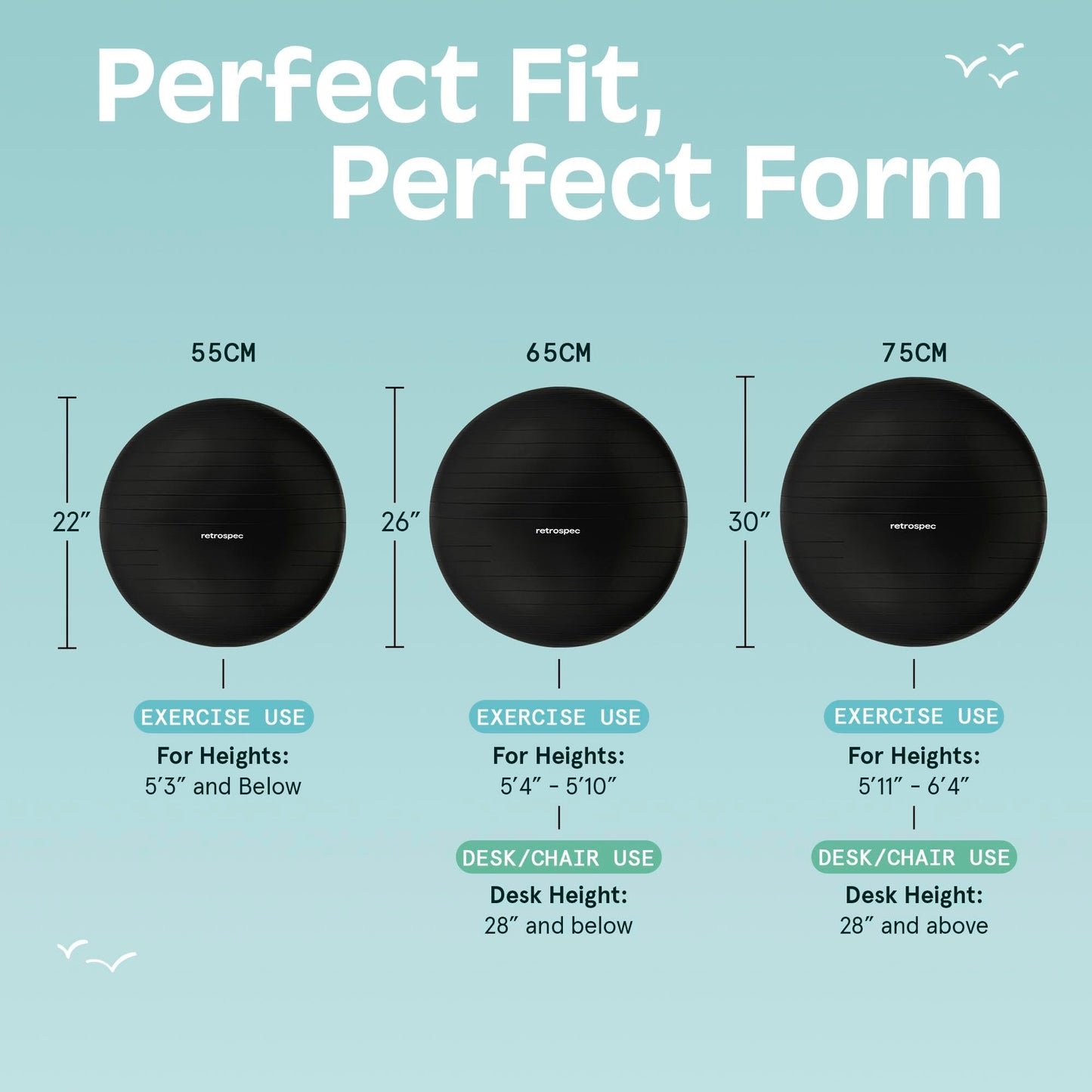 Retrospec Luna Exercise Ball, Base & Pump / Ball & Pump with Anti-Burst Material - Fitness Gym Swiss Ball - Perfect for Balance, Stability, Yoga, Pilates, Pregnancy & Birthing
