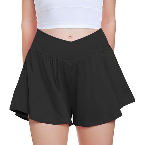 FireSwan Girls Butterfly Shorts Crossover Athletic Shorts with Pockets 2 in 1 Flowy Running Skorts for Teen, Girls, Youth Black