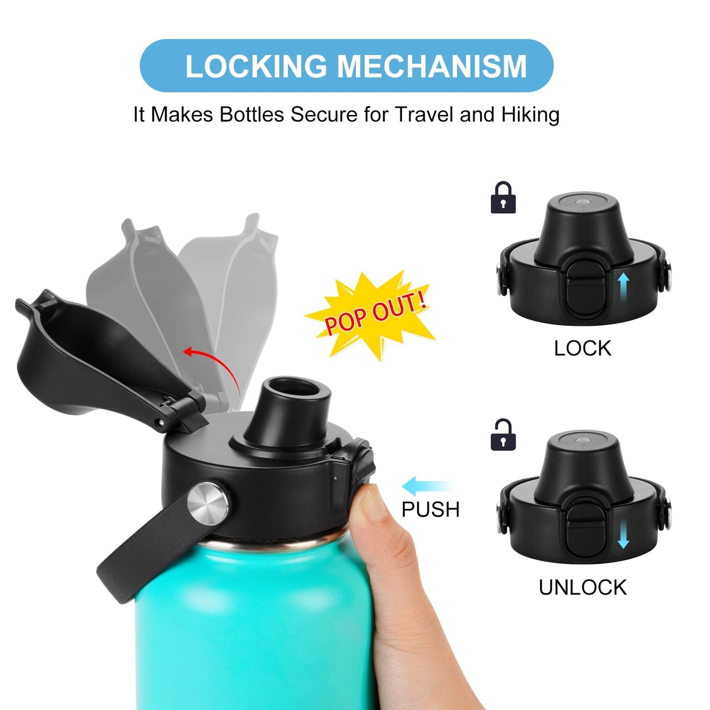 Auto Spout Lid for HydroFlask Wide Mouth Sport Water Bottles, Replacement Lid for Hydro Flask Wide Mouth 12, 16, 18, 32, 40, 64oz, Chug Lid with Flexible Handle, Button Lock, Black