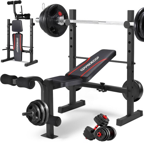 OPPSDECOR Standard Weight Bench Set with Squat Rack, 600LBS Adjustable Bench Press Set with Leg Extension and Leg Curl, Foldable Flat Incline Decline Workout Bench for Home Gym Full Body Training
