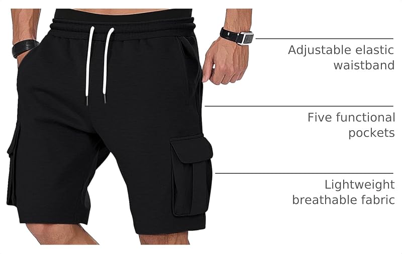 A Waterwang Men's Cargo Sweat Shorts - Black, Large | Lightweight, 4-Pocket Jogger