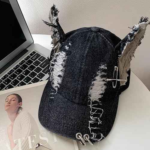 Cat Ear Baseball Cap Iron Ring Trucker Hat Women Caps Distressed Denim Baseball Cap Grunge Aesthetic Hat