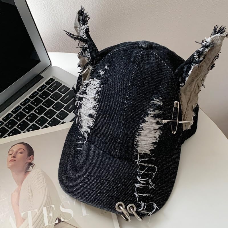 Cat Ear Baseball Cap Women Trucker Hat Distressed Denim Grunge Aesthetic