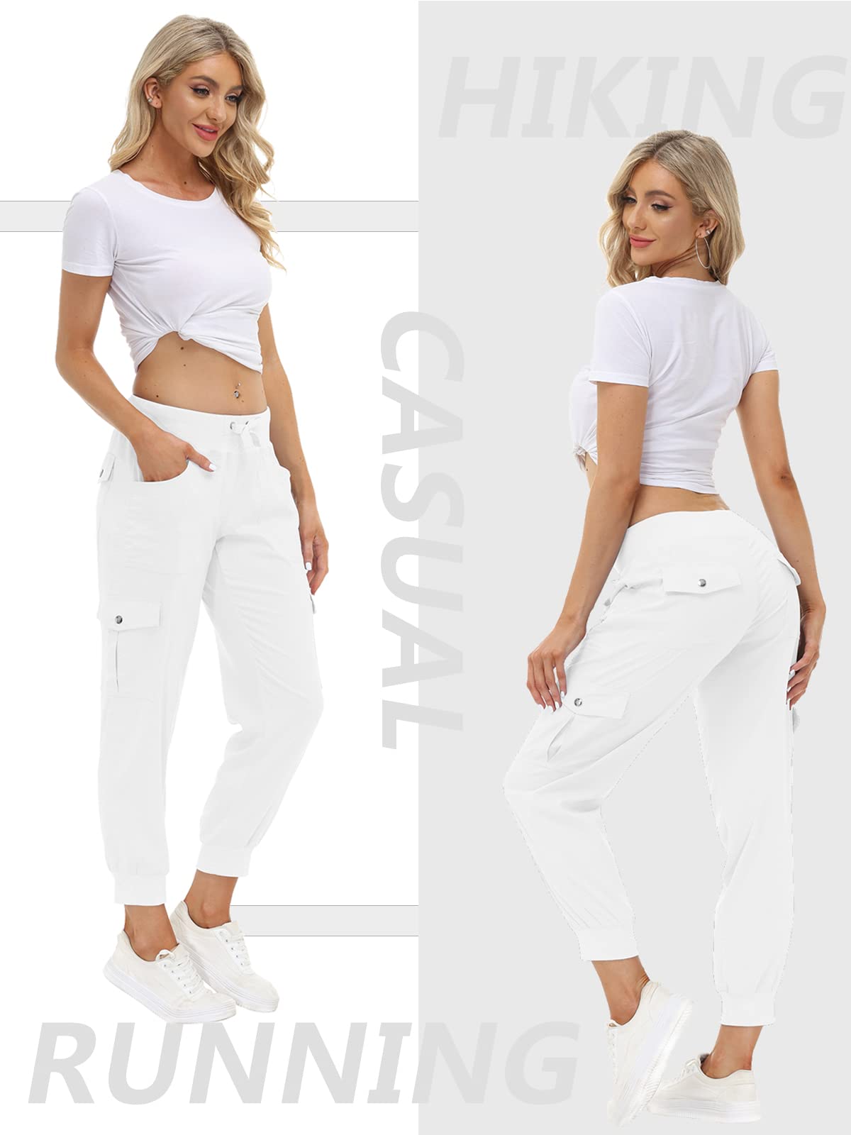 MoFiz Women's Cargo Pants Hiking Joggers Summer Lightweight Quick Dry Athletic Outdoor Sports Sweatpants Travel Casual Button Pockets Rice White XL