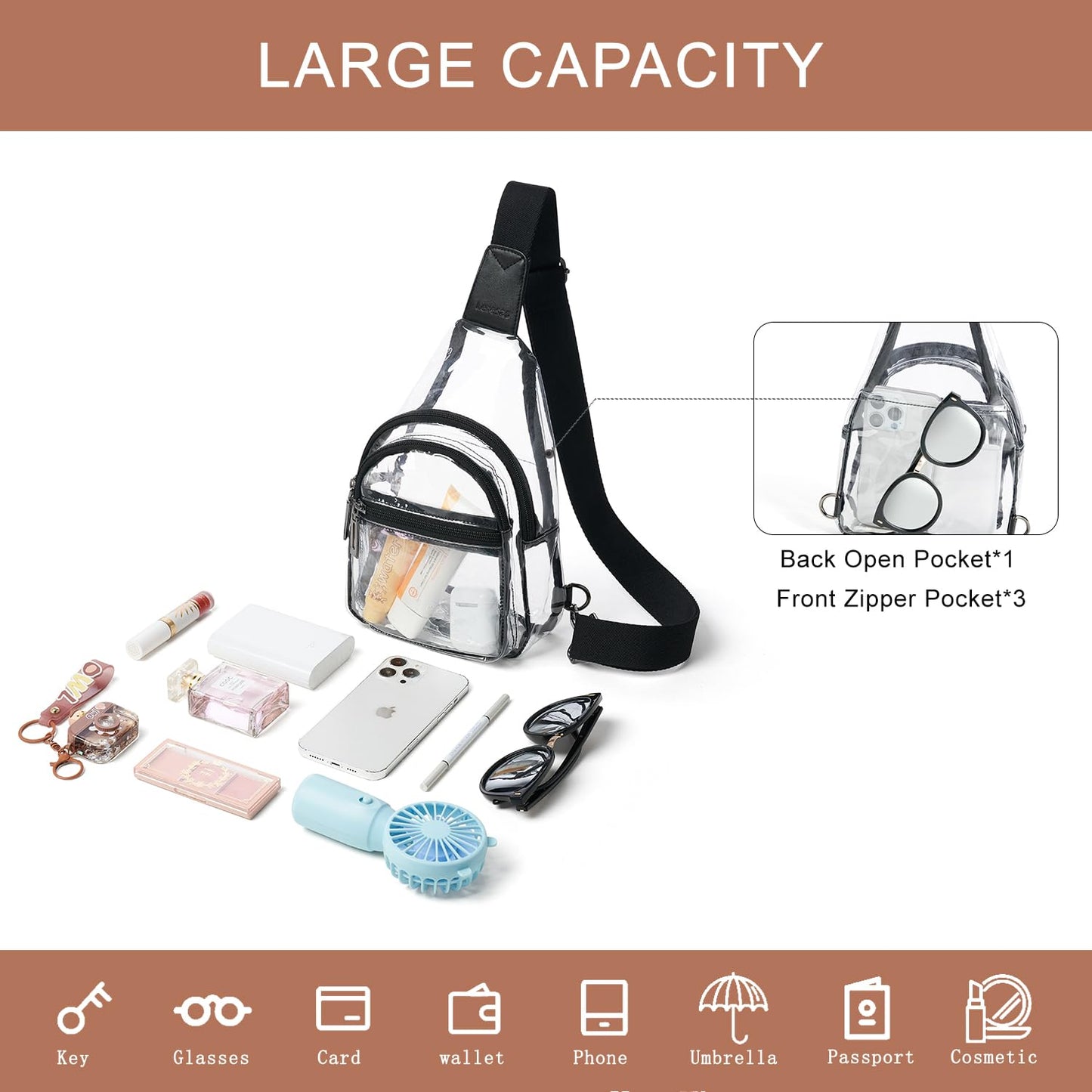 Leresas Clear Sling Bag for Stadium Events Women Men Transparent Purse Stadium Approved Clear Backpack Concerts Black-1