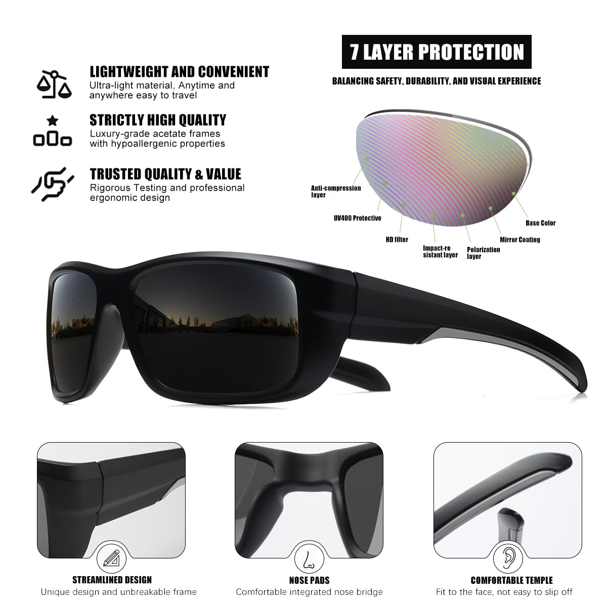 SQOQS 3Pack Polarized Sports Sunglasses for Men, Wrap Around Frame UV400 Goggles Sun Glasses for Cycling Fishing Driving