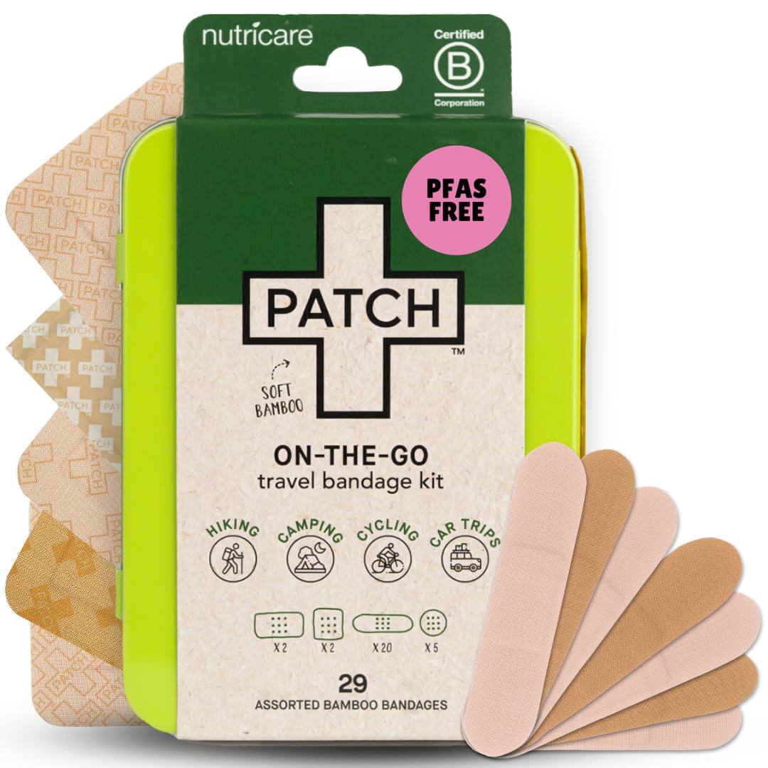 PATCH On-The-Go Natural Bamboo Adhesive Bandage Travel Kit for Sensitive Skin, Eco-Friendly Hypoallergenic Bandages, 29 ct