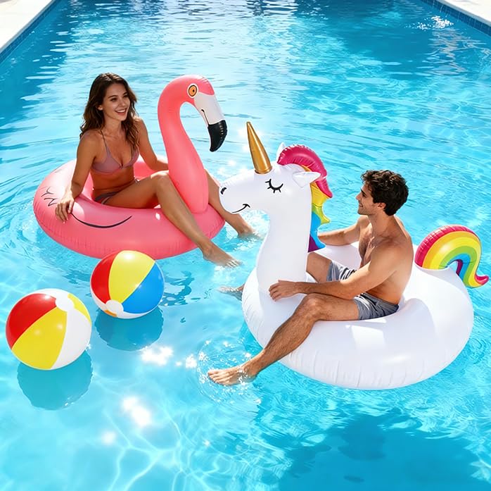 2 Pack Large Inflatable Pool Floats - Flamingo & Unicorn plus Beach Balls, Adult Sized 57x42x36in & 46x42x39in