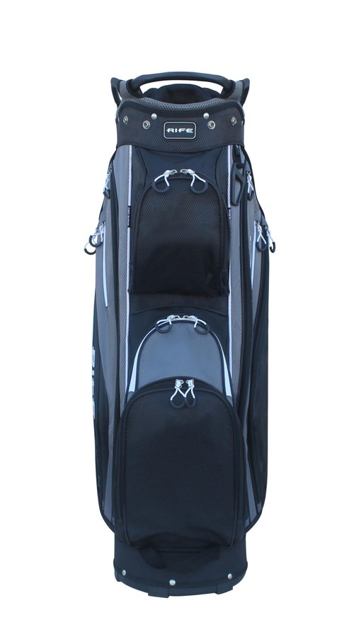 Rife Golf RF-LITE Premium Cart Bag ??14-Way Organizer Divider Top with Putter Pit Well 9.5" Lightweight Nylon Bag 9 Zippered Pockets Insulated Cooler Ample Storage Pockets Black Gray Colors