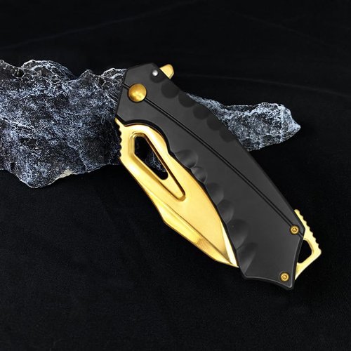 EDC Tactical Outdoor Knife - 4.5" Closed Assisted Open Pocket Folding Knife with Stainless Steel Handle - Made of 440 Stainless Steel, GOLD (PWT394BK)