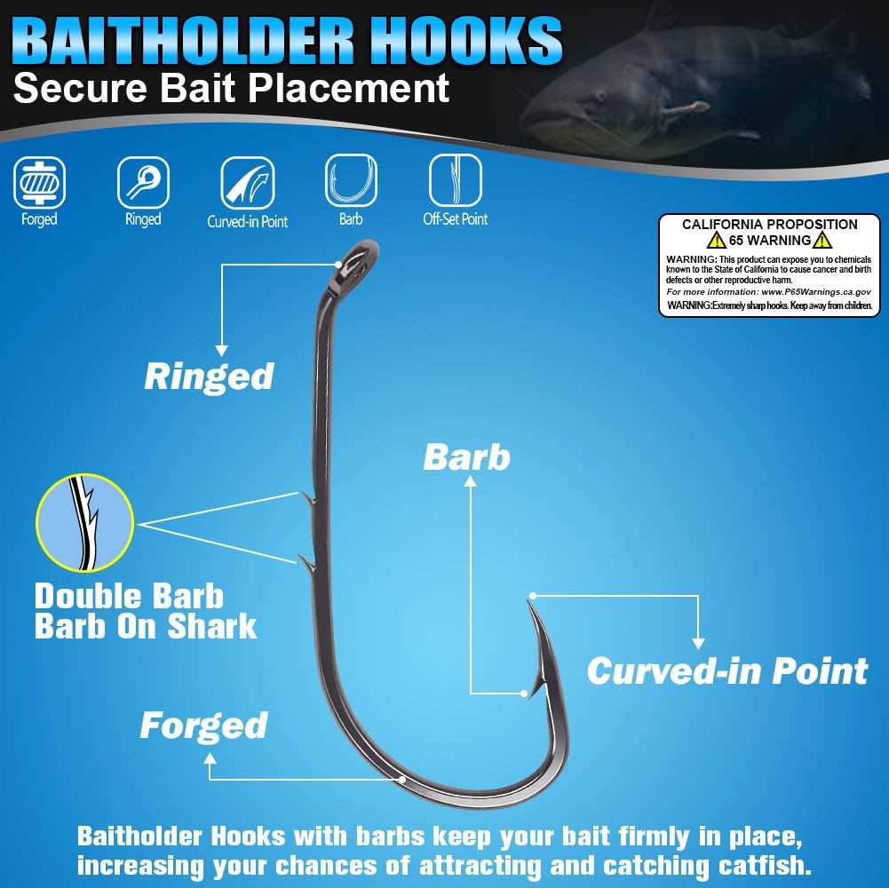 Baitholder Fishing Hooks 100 Pack - Double-Barbed Long Shank for Bluegill Bass Trout Walleye Black/Red, 8/0-#8 (2-Black, Size:8 100-Pack)
