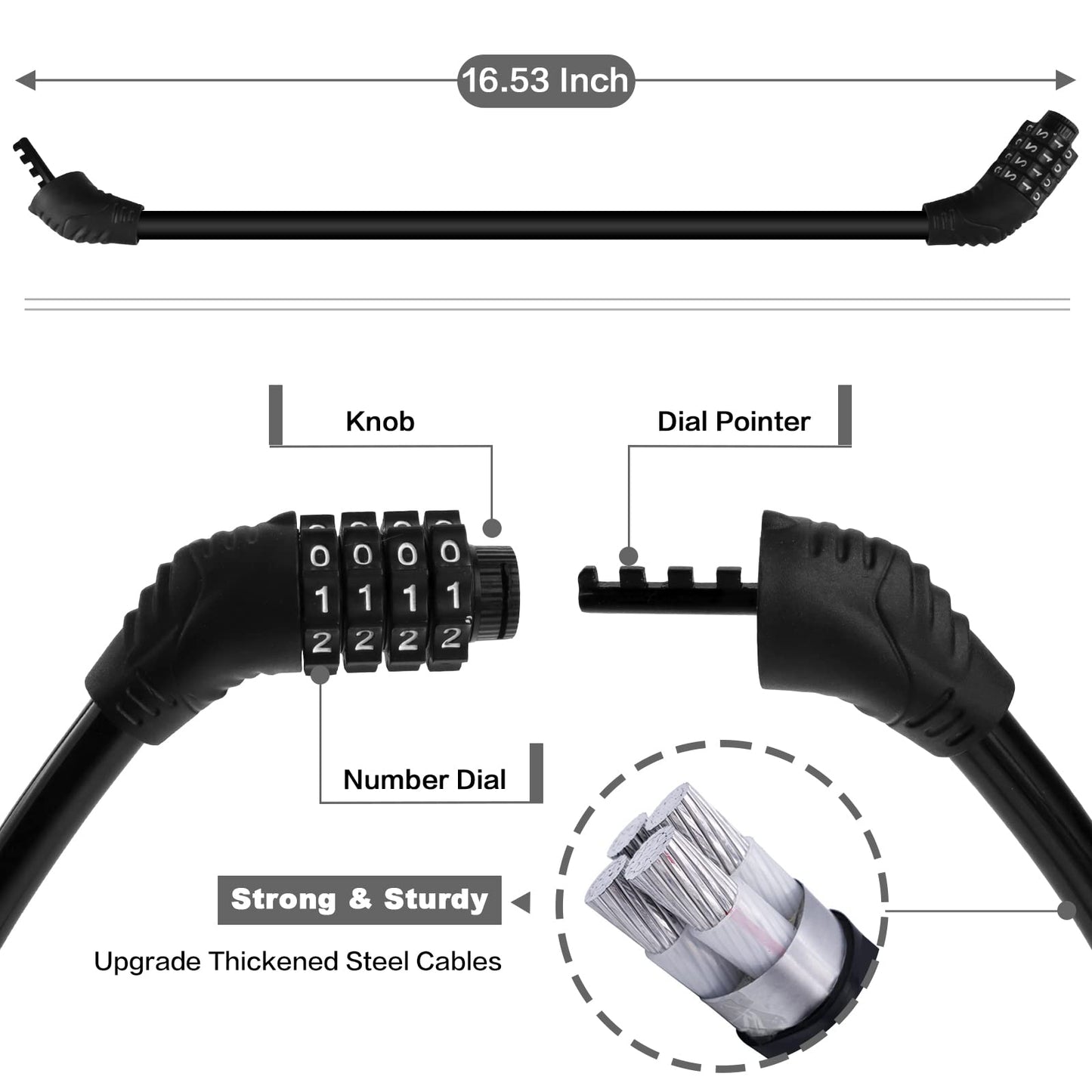Bike Lock Cable, Bike Locks Heavy Duty Anti Theft, Combination Cable Lock for Outdoor Equipment, Black 1Ps