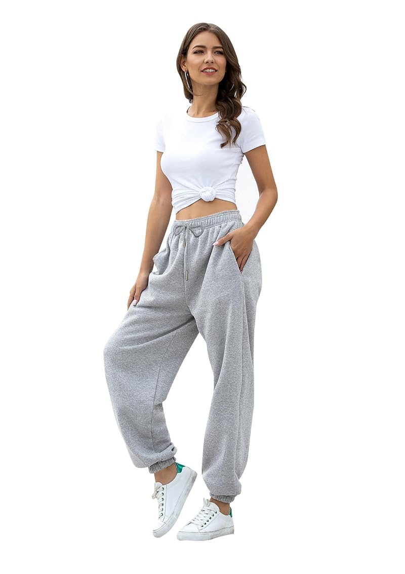 Cinch Bottom High Waist Loose Drawstring Lounge Pants for Women - Gray, Medium