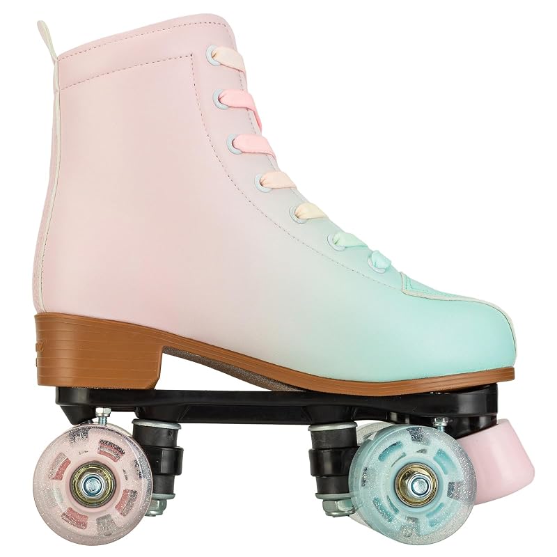 Gradient Pink-Blue Roller Skates for Girls & Women, Cozy PU Leather, Flash Wheels - 37-US Women/Youth 6/7