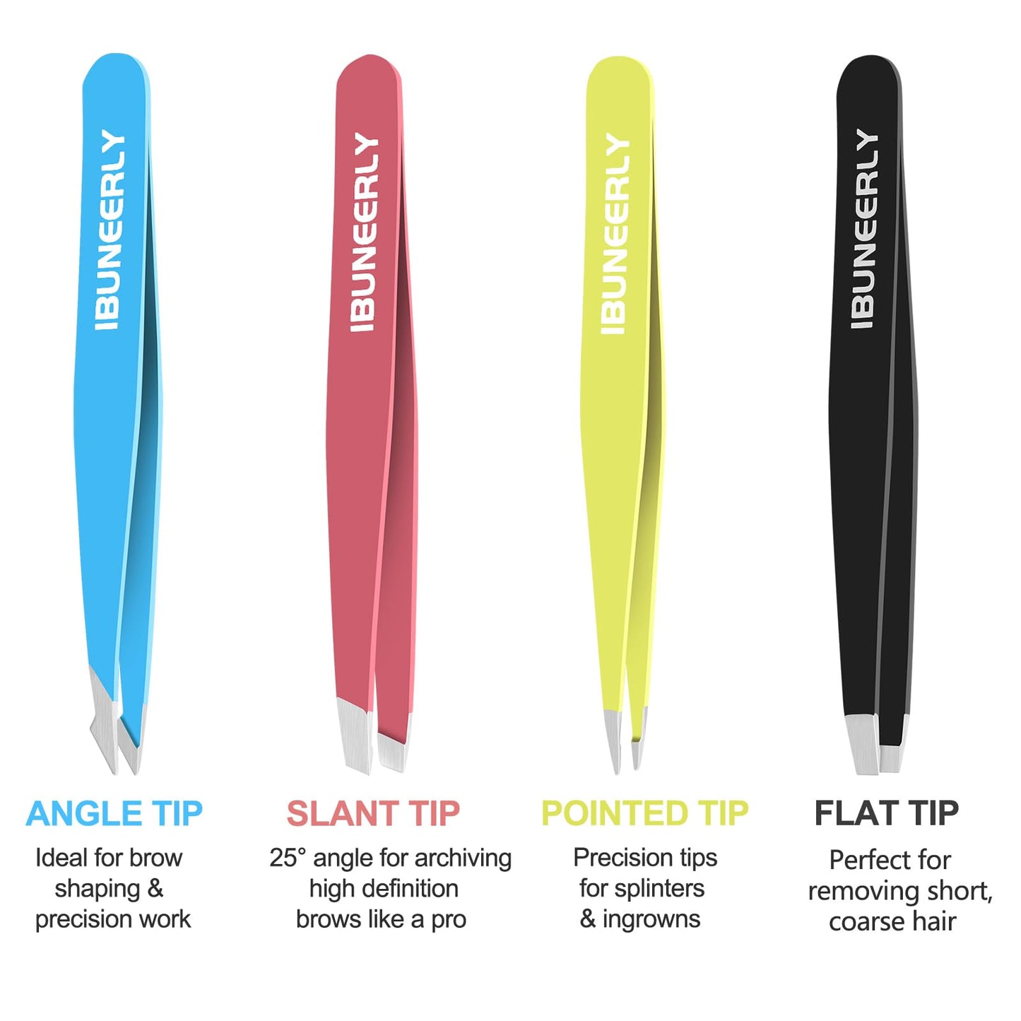iBuneerly Eyebrows Tweezers Set, 4Pcs Stainless Steel Tweezers for Women with Travel Case, Great Precision for Ingrown Hair, Facial Hair and Splinter Removal