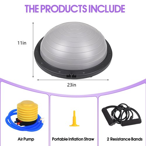 Half Balance Ball Trainer, 26 inch Stability Ball with Resistance Bands, Exercise Ball with Foot Pump, Gray