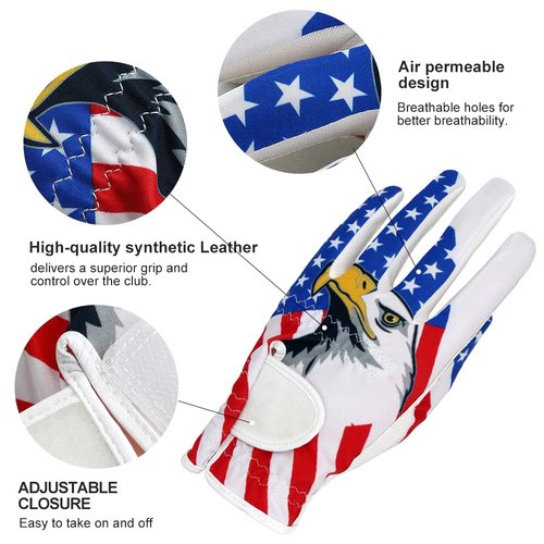 GOLTERS Golf Gloves for Men and Women Left Hand for Right Handed Golfer Eagle Printing Lycra Fiber Adjustable Closure Golf Glove (Men's Eagle Golf Gloves, Large)