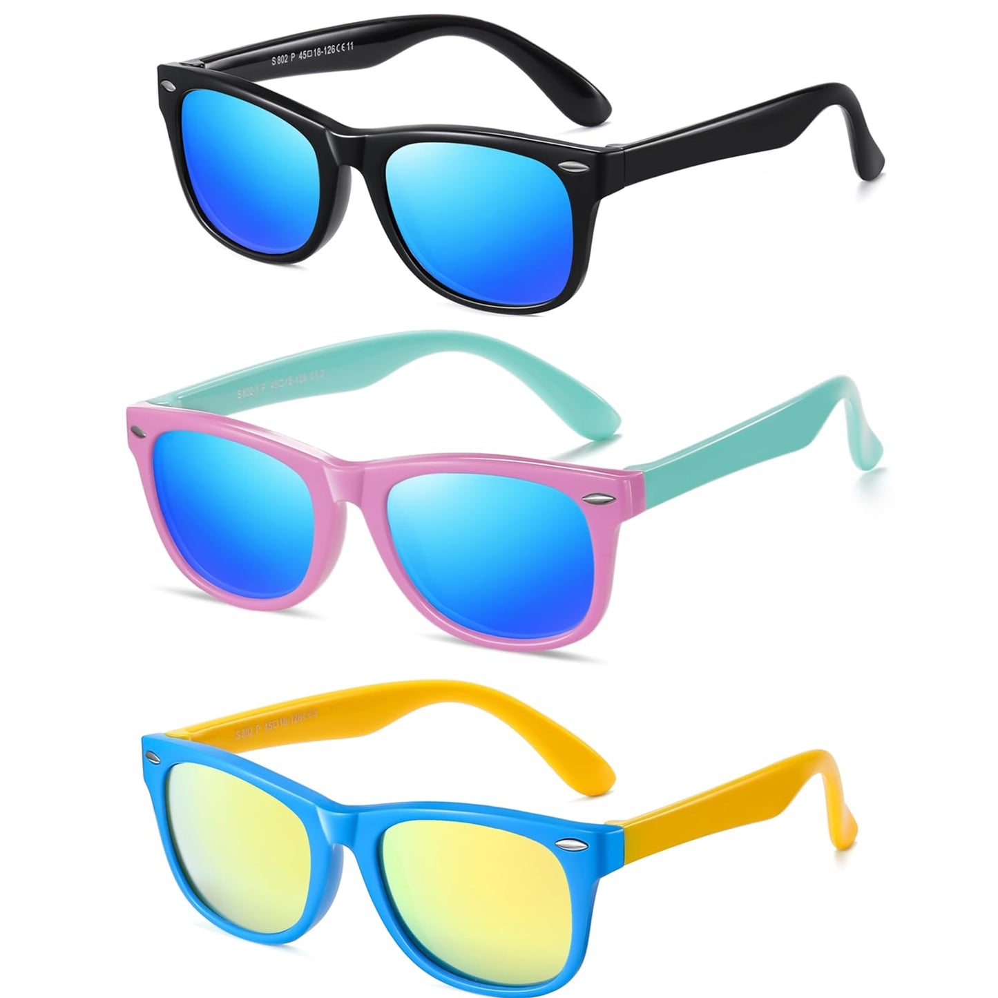 DYLB Kids Polarized Sunglasses for girls boys 3 Pack, Flexible TPEE Rubber Frame for Children Age 3-8.