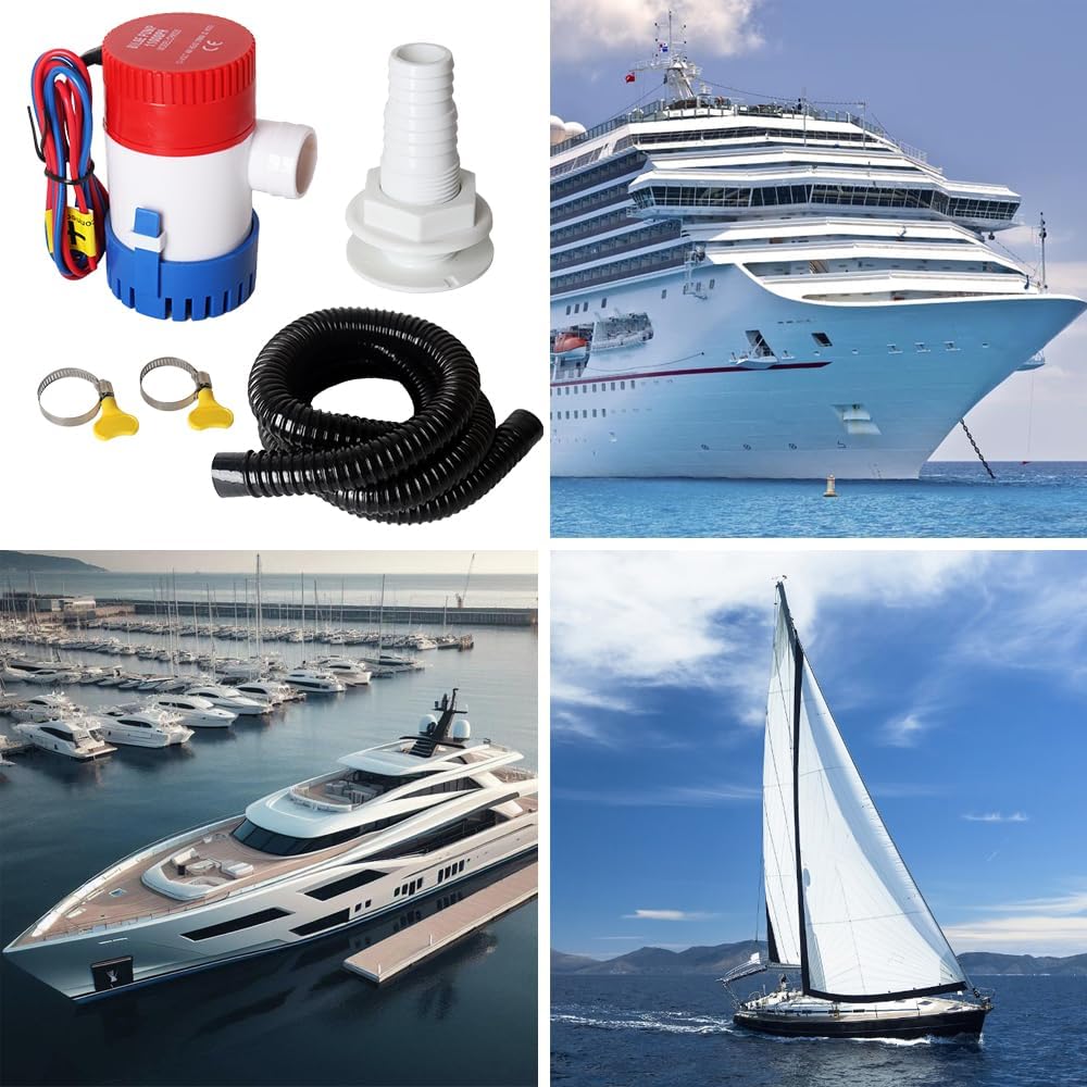 12v 1100GPH Boat Bilge Water Pump, 1-1/8 Inch Dia Bilge Pump Plumbing Kit, 6.5 FT Bilge Pump Hose, 2 Stainless Steel Clamps and Thru-Hull Fitting (Five-Piece)