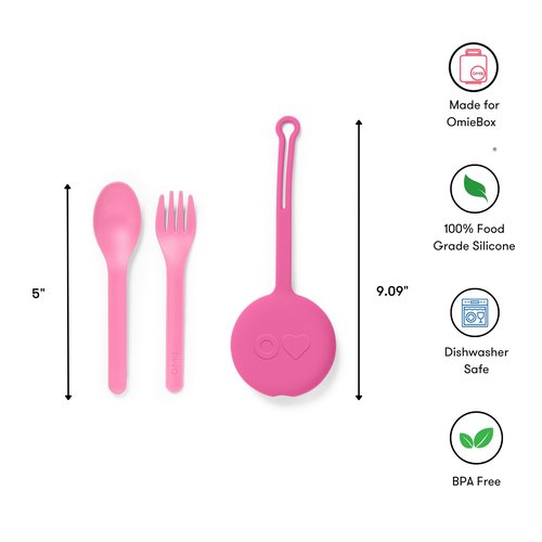 Omie OmieBox Kids Utensils Set with Case - 2 Piece Plastic, Reusable Fork and Spoon Silverware with Pod for Kids (Bubble Pink)