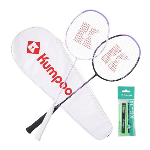 KUMPOO Badminton Set with 2 Carbon Shaft Badminton Rackets, Replacement Overgrips, 1 Racket Bag, Professional Badminton Racquet 3U-87g Lightweight for Beginners Outdoor Games, LD-01 White+Black
