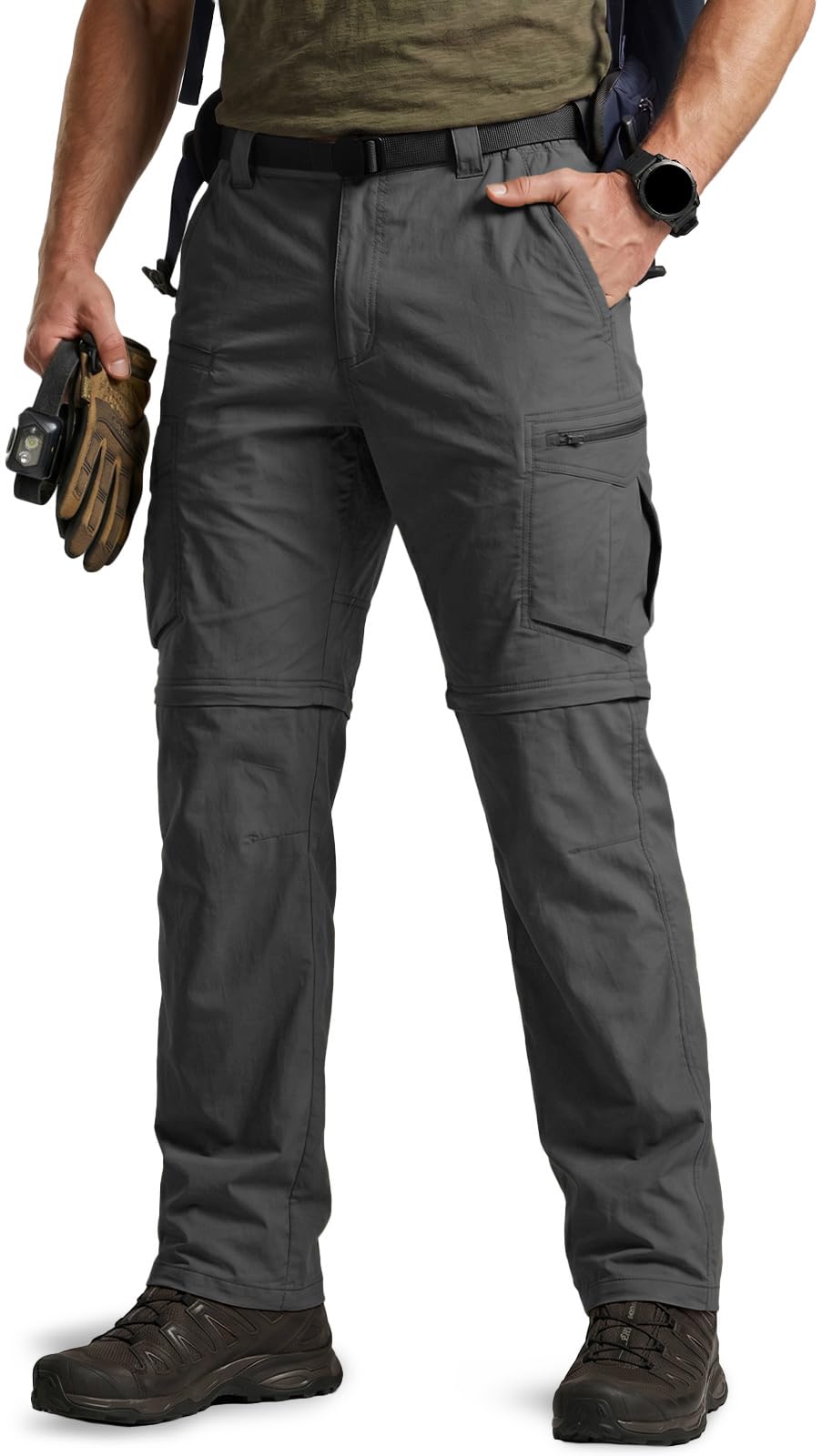 CQR Men's Convertible Cargo Tactical Pants, Water Resistant Outdoor Hiking Pants, Zip Off Lightweight Stretch Work Pants, Runyon Cargo W/Belt Charcoal, 34W x 32L