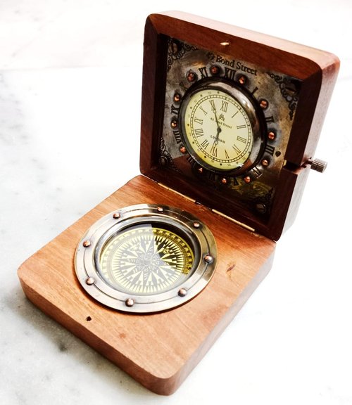 3.5 Inch Handmade Wooden Brass Compass | with Clock Authentic Vintage Maritime & Nautical Compass | Collectible Gift Replica Watch Hiking Travelling Use