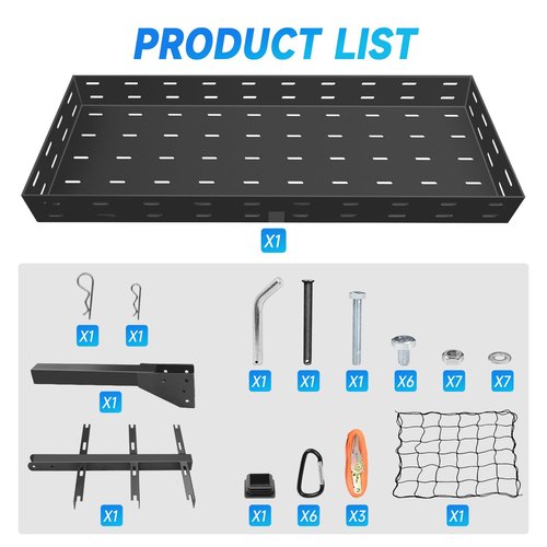 HUGEBO Folding Hitch Cargo Carrier 60" x 20" x 5", 500 lbs Capacity Rear Luggage Rack with Net & Straps, Fits 2" Receiver for SUV, Truck, RV, Ideal for Camping & Travel
