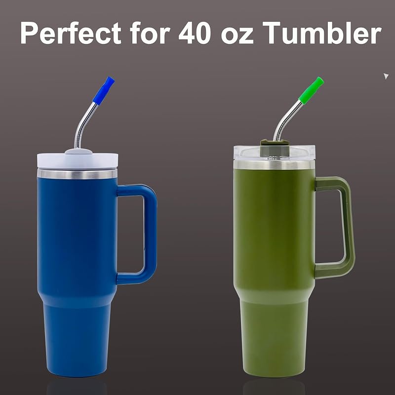 13 Inch Extra Long Reusable Bent Stainless Steel Straws - 6 Pack with 2 Cleaning Brushes & 6 Silicone Tips for Stanley Quencher